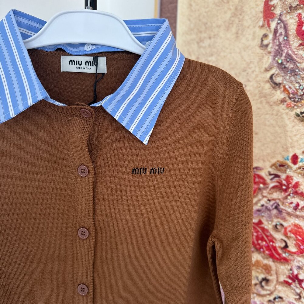 NWT Women's Brown Wool Miu Miu Cardigan with Blue Striped Collar Sz L - Picture 2 of 7